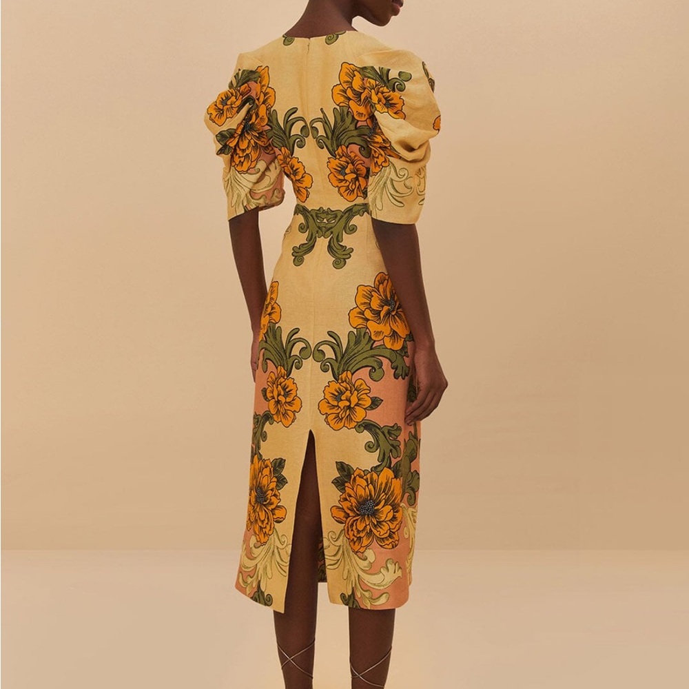FARM Rio Crème delicate flower arabesque Euroflax ™ premium Linen Midi Dress - Picture 3 of 6